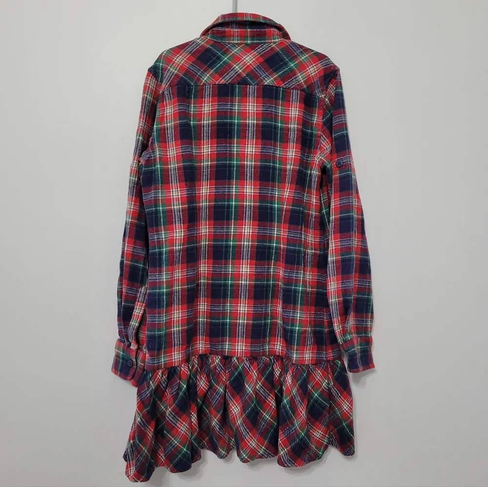 Ralph Lauren Girls Plaid Flannel Ruffle Dress Size 12 Red Navy Green Roll Tab